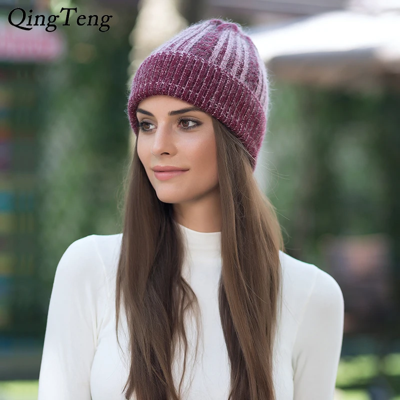 Women'S Winter Hat Knitted Rabbit Fur Beanies Fema...