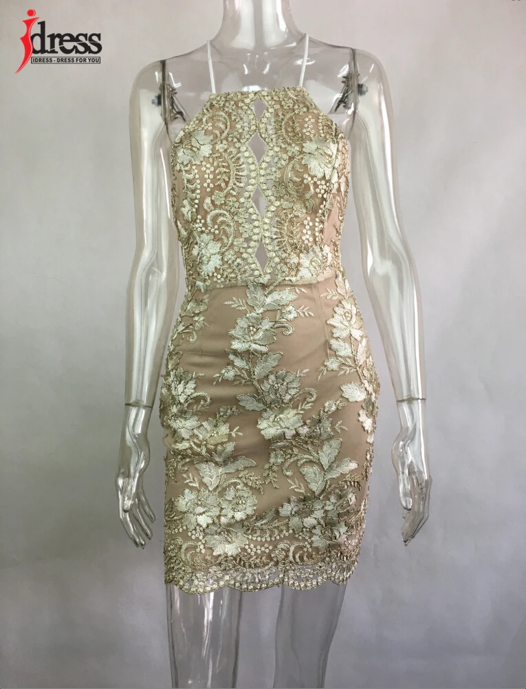 IDress New Arrival Chic Embroidery Celebrity Bodycon Strap Sundress 2017 Sexy Sleeveless Halter Hollow Lace Club HL Dress Party (2)
