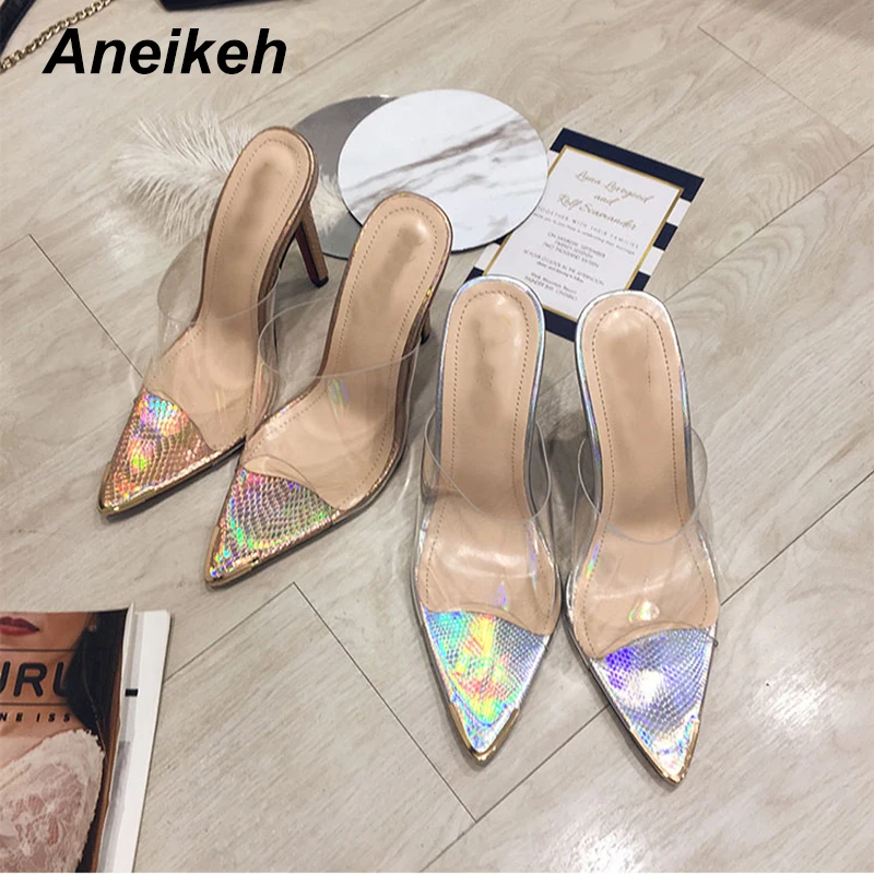 

Aneikeh 2019 New Transparent Fashion Laser PVC Female Slippers Sexy Pointed Shallow Mouth Stiletto Open Toe High Heel Slippers