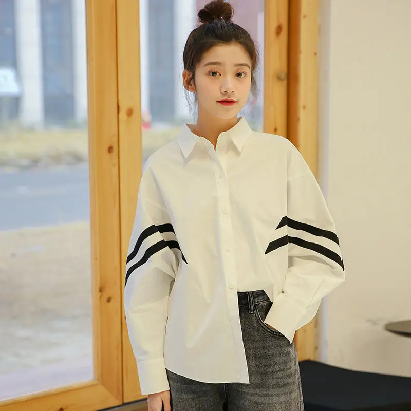 2019 Autumn New Women Shirt Korean Fashion Casual Design Sense Stripe Stitching Loose Boyfriend Style Female Shirts Long Sleeve