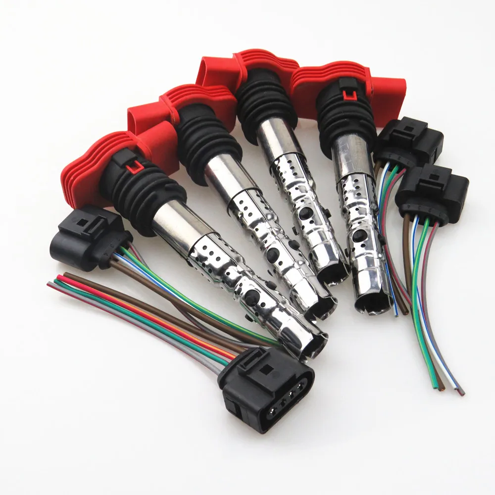 FHAWKEYEQ 4 Set Red Ignition Coils + Plug Cable Harness For A4 1.9TDI