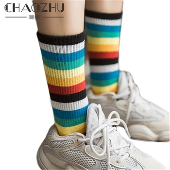 

2019 new women socks 1 pair long cotton rainbow color striped printed novelty fashion lady autumn socks