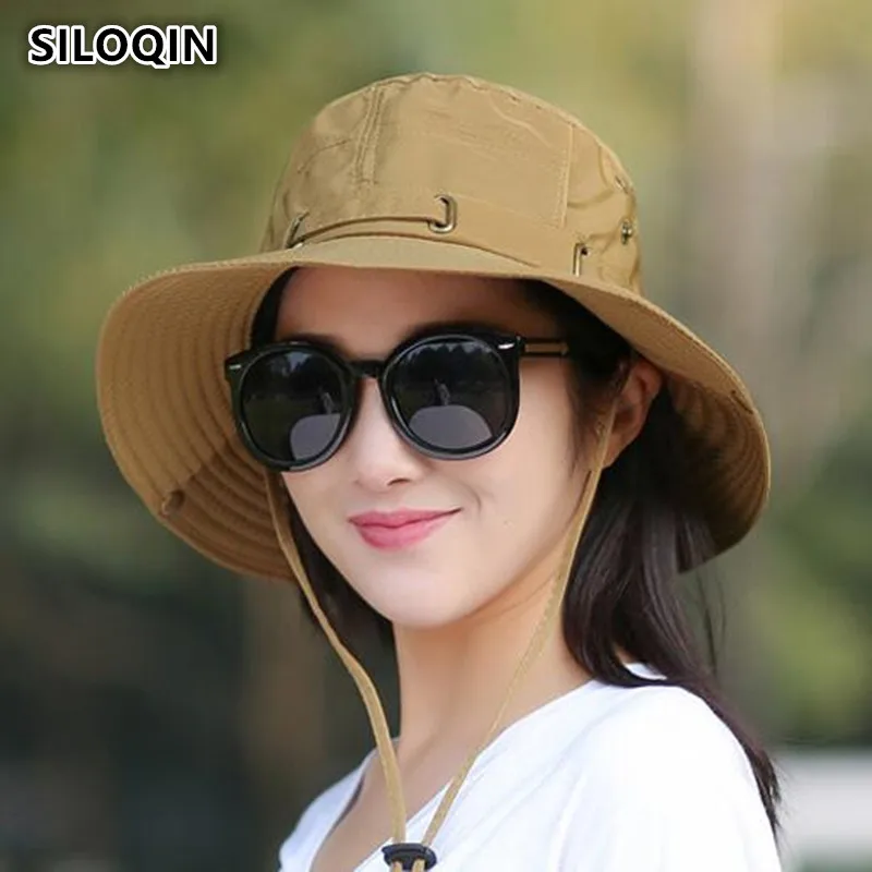 SILOQIN складной взрослых Для женщин летние дышащие ведро Шапки ветер веревки фиксированной пляжная шляпа Регулируемый солнцезащитный крем УФ-защитой Sunhat
