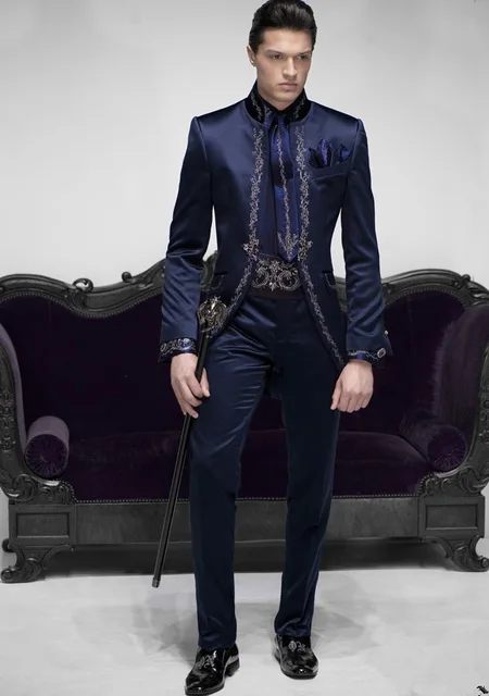Индивидуальный заказ итальянский Вышивка темно-синий мужской костюм Slim Fit Жених выпускного вечера смокинг 2 шт Мужской Блейзер люксовый бренд куртка+ брюки Terno