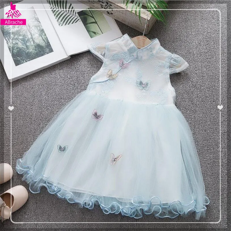 

Abrache Kids Baby Girls New Embroidered Butterfly&Flower Dress Princess Summer Mini Tutu Dress Pink Bule Baby Girls Dress 1 Year