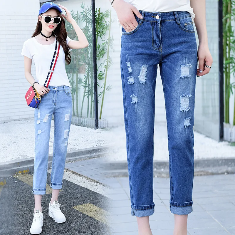Летние модные женские рваные тонкие с высокой талией корейский тип свободный повседневные джинсы, брюки, штаны