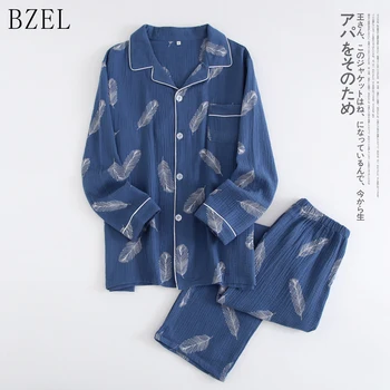 

BZEL Men's Pajamas Autumn Winter Long Sleeve Home Wear Cotton Cartoon Pyjamas Men Lounge Pajama Sets Plus Size Sleepwear 2PCS
