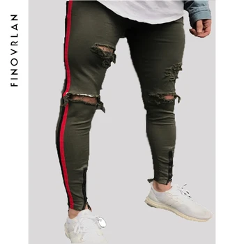 

2018 New Arrived Men side red stripe biker jeans denim ripped holes slim supper skinny hip hop jeans men