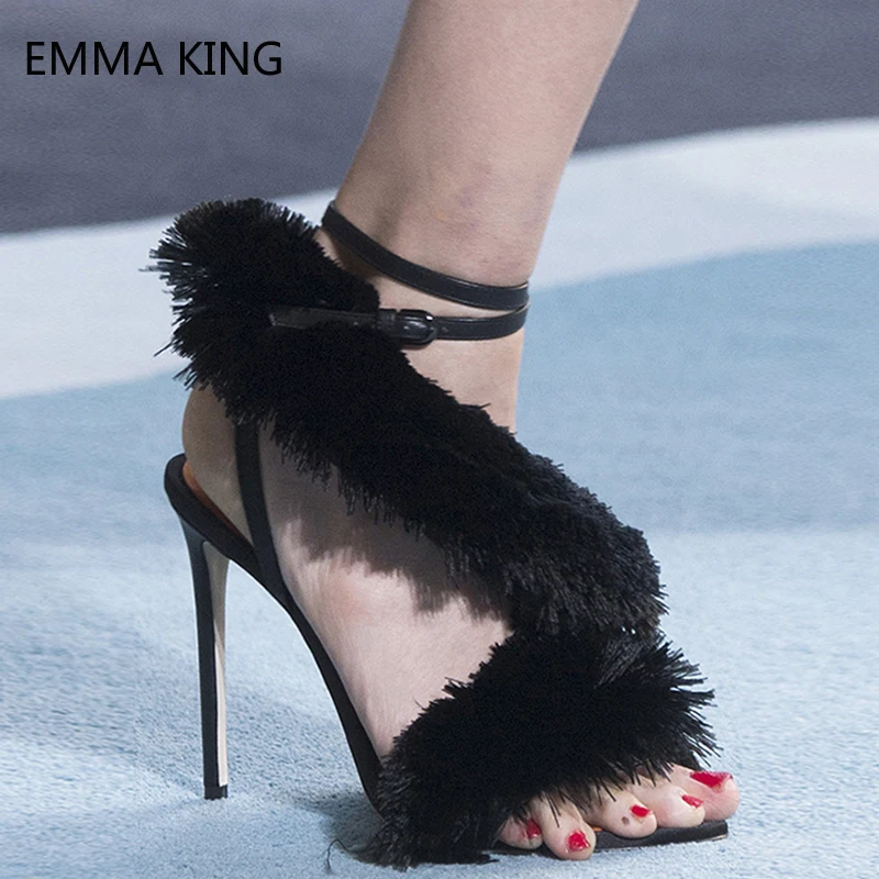 

New Women Shoes Stiletto High Heel Fringe Open Toe Sandals Female Cross Strap Runway Party Shoes Fur Decorated Gladiator Sandals