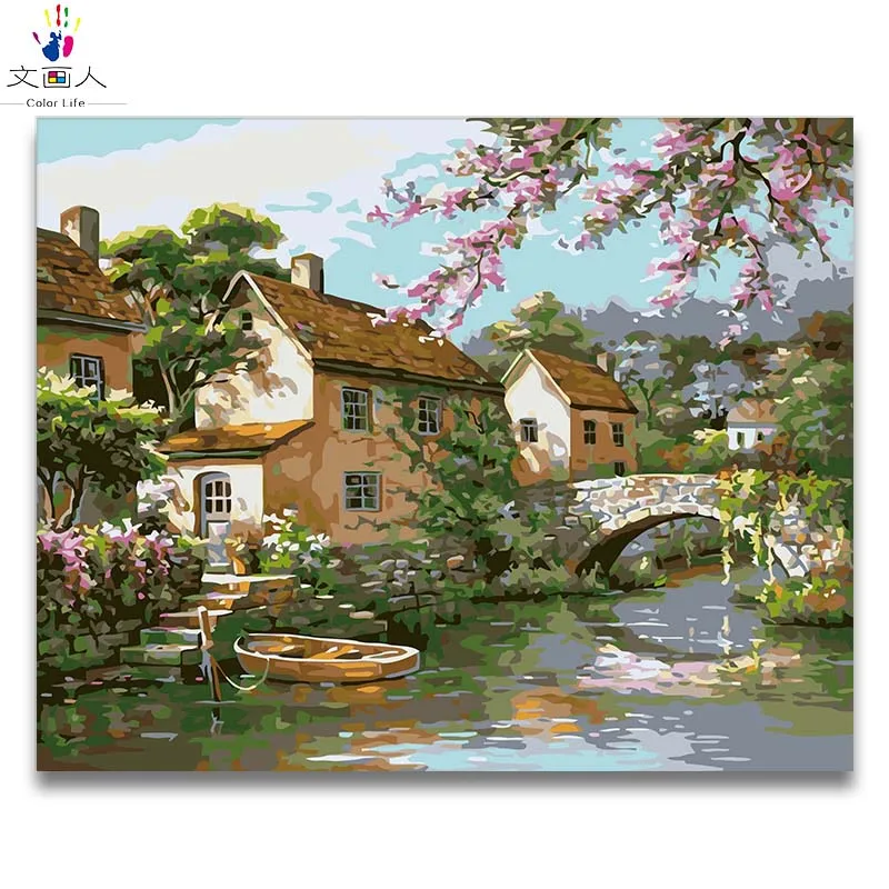 

Coloring by numbers Country Landscape digital paintings by numbers scenery village rill oil painting for modular hoom decoration