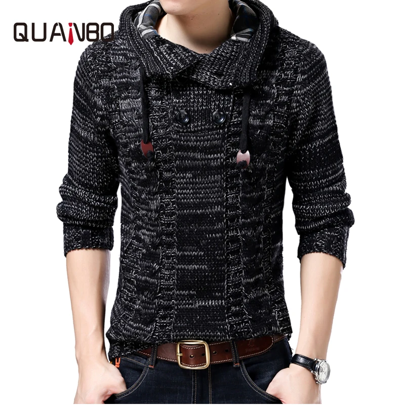 

QUANBO men sweater brand-clothing new winter thinck warm knitted sweater cardigan male fashion hooded 35% wool sweatercoat S-4XL