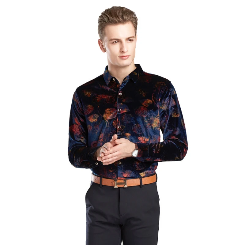 Floral Print Gold Velvet Shirt Mens Button Long Sleeve Shirt Chemise Homme Manche Longue Party