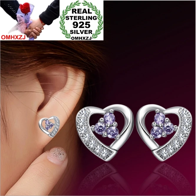 Wholesale Fashion Girl Woman Jewelry AAA Zircon Amethyst Purple Heart 925 Sterling Silver Stud Earrings YS16