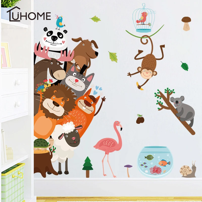 

3D Cartoon Jungle Wild Animal Lion Elk Monkey Birds Leaf Wall Stickers for Kids Room Living Room Door Decals Home Decor