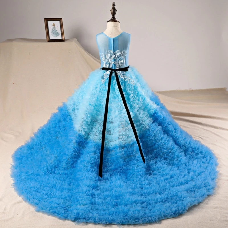 

Luxury Trailing Flower Girl Dress Princess Dress Children Ball Gown Appliques Summer Wedding Dresses Evening Party Gown E215