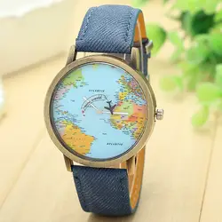 Splendid Элитный бренд Relojes Географические карты женское платье часы деним Ткань диапазона глобальной на самолете Наручные часы Для мужчин