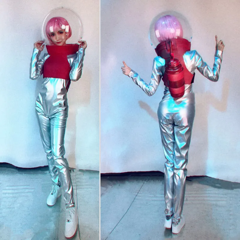 

Transparent helmet silver Lady stage jumpsuit sets DJ GOGO Dance Dress Party Performance Wears DS Costume stagewear