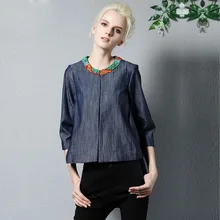 DH-F New Arrival 2016 Autumn Women’s Beaded O Neck 3/4 Sleeves Loose Design Fashion High Street Denim Jackets