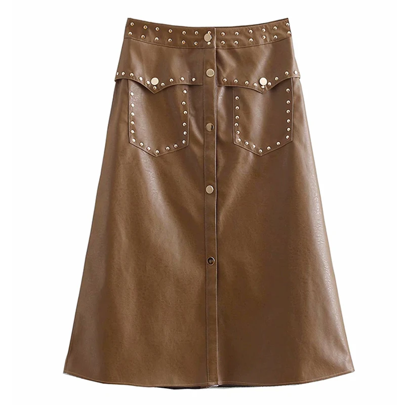 

PERHAPS U PU brown office lady solid rivet pocket single-breasted sexy empire a-line knee-length empire skirt S0149