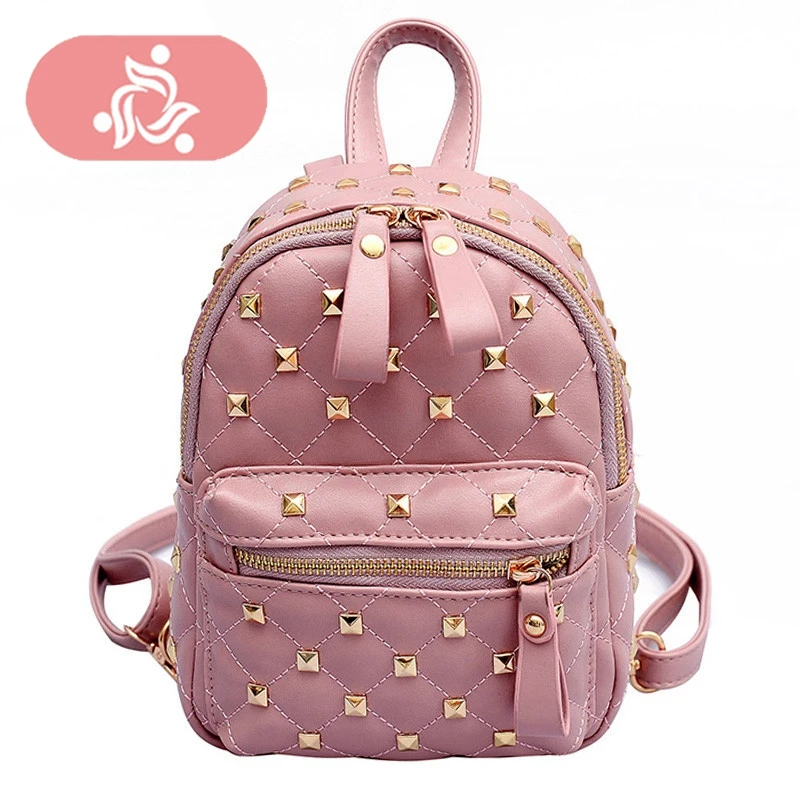 

VEISK Women Mini Backpack PU Leather Shoulder Bag Pink Rivet Small Backbag Female Fashion School Bag Girl Travel Bag