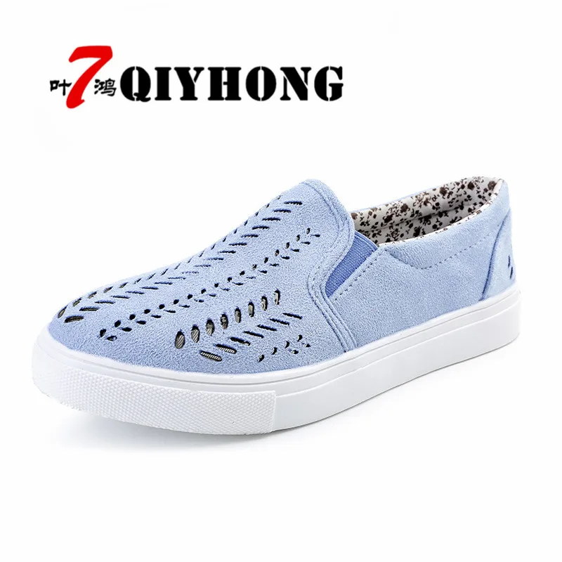 

QIYHONG Women Cut-outs Elastic Band Vulcanized Shoes Female Flock Slip-on Shallow Breathable Flat Casual Shoes Woman Plus Size