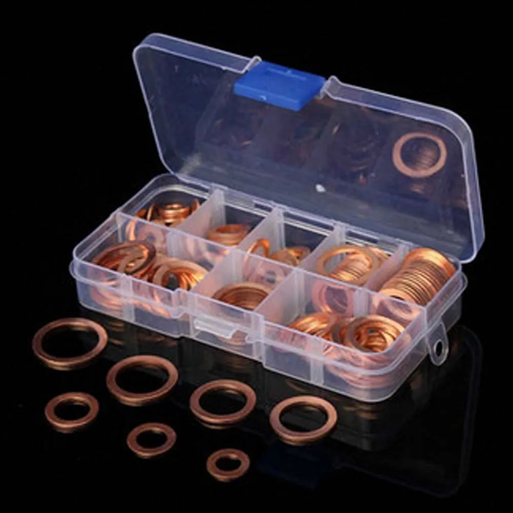 

120Pcs 8 Sizes Solid Copper Washers Sump Plug Assortment Washer Set Plastic Box Professional Hardware Accessories