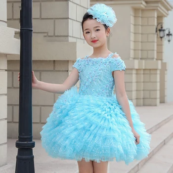 

Off the Shoulder Flower Girl Dresses Ball Gown Evening Party Dress Crystal Embroidery Kids Pageant Dress Birthday Costume B485