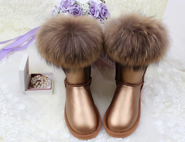 G& Zaco/Роскошные зимние ботинки с натуральным лисьим мехом; женские ботинки из натуральной кожи; Средний теленок; водонепроницаемые ботинки из коровьей кожи с натуральным мехом