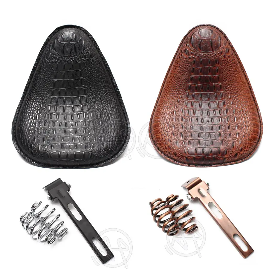 

Motorcycle Retro Brown/Black Crocodile Leather Solo Seat+3" Spring Bracket for Harley Custom Chopper Bobber Leather Saddle Seat