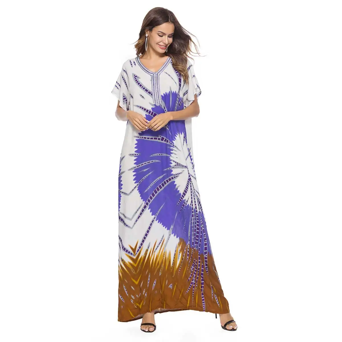 

2019 Summer Women Ethnic Print Long Dress Fashion Urban Muslim Abaya Plus Size Islamic Dubai Arab Ramadan Morocco Robe VKDR1543