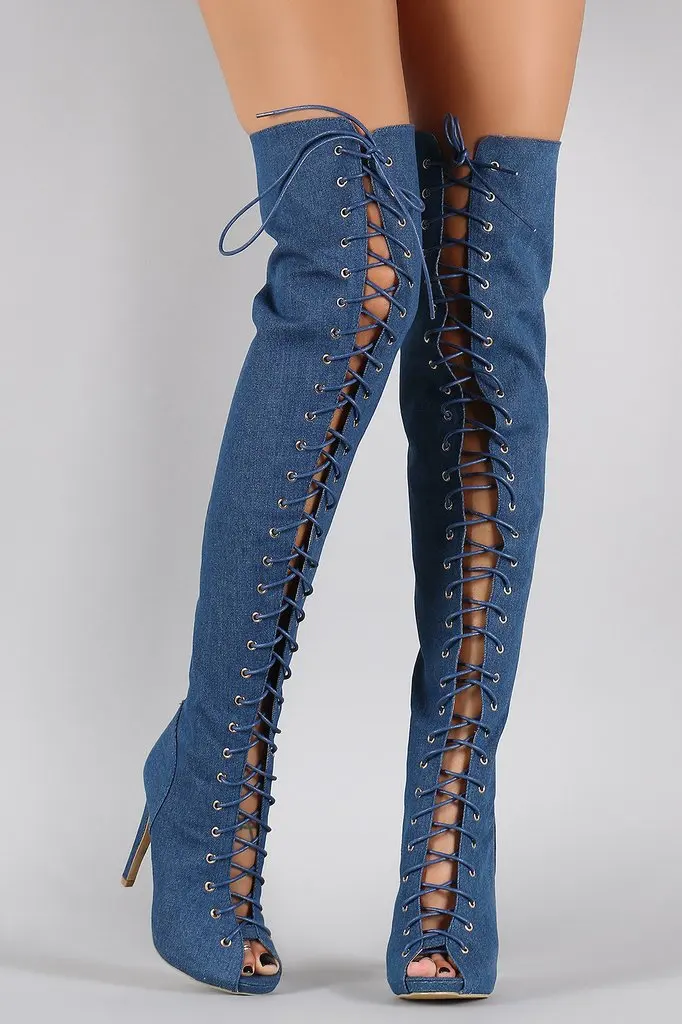 PADEGAO New Arrival 2017 Blue Denim Women Boots Peep Toe High Heel Over The Knee Boots Sexy Lace Up Thigh High Boots Zipper Long