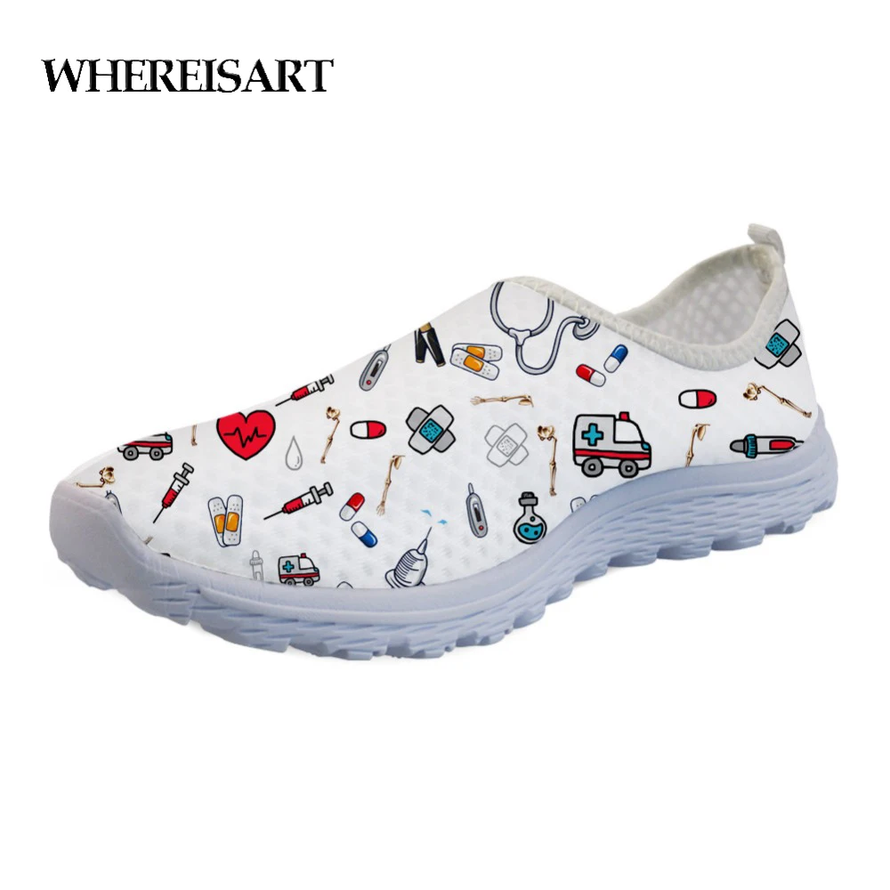 

WHEREISART Cartoon Nurse/Premium Sketch Medical Print Women's Casual Shoes Flats Beach Comfortable Mesh Slip-on Women Sneakers