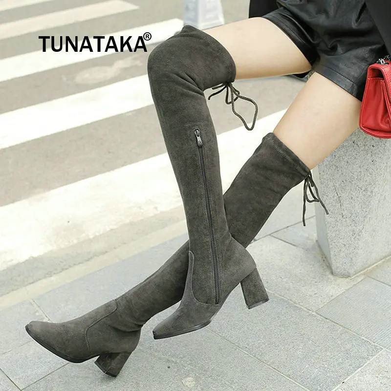 

For Lady Suede Side Zipper Over The Knee Boots Comfortable Square Heel Thigh Boots Elastic Boots Black Gray