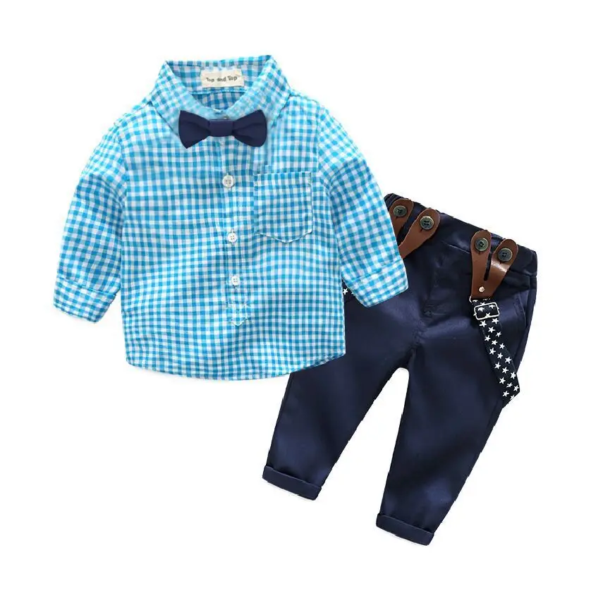 

New Summer shorts Children clothes sets boys tops shriped shirt plaid suspenders pants student party uniform costume child dress