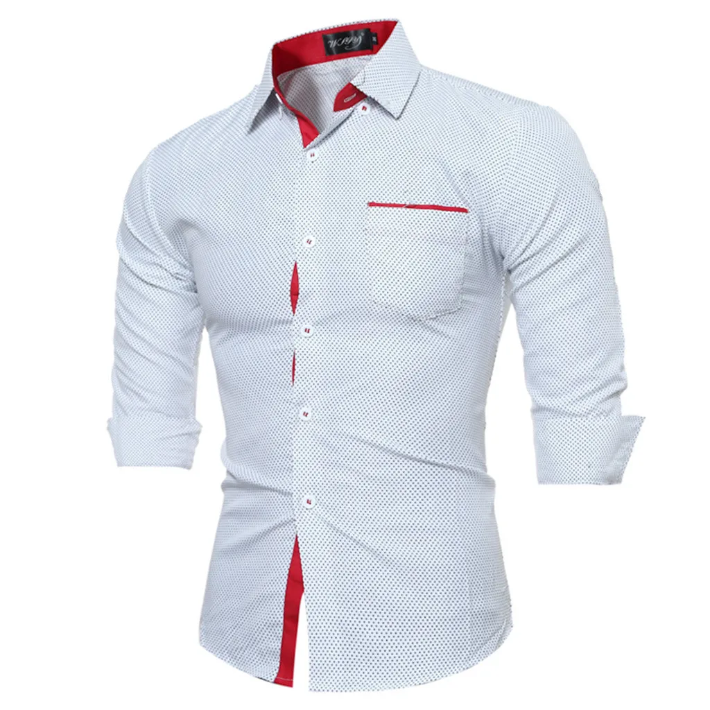 Мужская одежда, рубашки с длинным рукавом, модная блузка, топы, camisa masculina, мужские рубашки, облегающие, в горошек, d90622