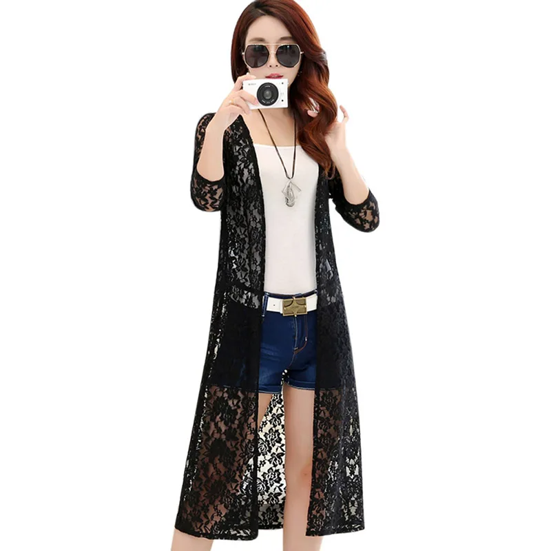 

Summer Women Sexy Hollow Out Sun Protection Clothing Lace Long Cardigan Half Sleeve Sunscreen Blouses Outwear Beachwear Female