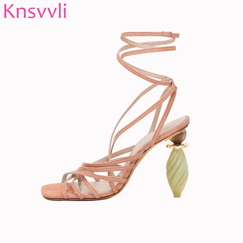 

2019 new strange style high heels ankle strap sandals women sexy peep toe party shoes women asymmetric heeled runway shoes