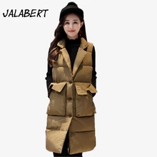 2017 Autumn winter women new Slim big size long cotton vests female Waistcoat Big pocket Single-breasted lapel jacket