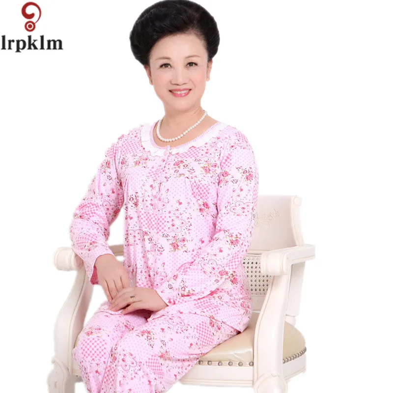 High Quality Spring Old Women Pajama Sets Long Sleeve Women Flower