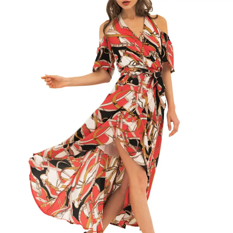  New Fashion Women Summer Lady Elegant Sexy Neck-Tied Bohemian Holiday Dress Chain Flower Casual Daily Beach Long Dress #4F09 (10)