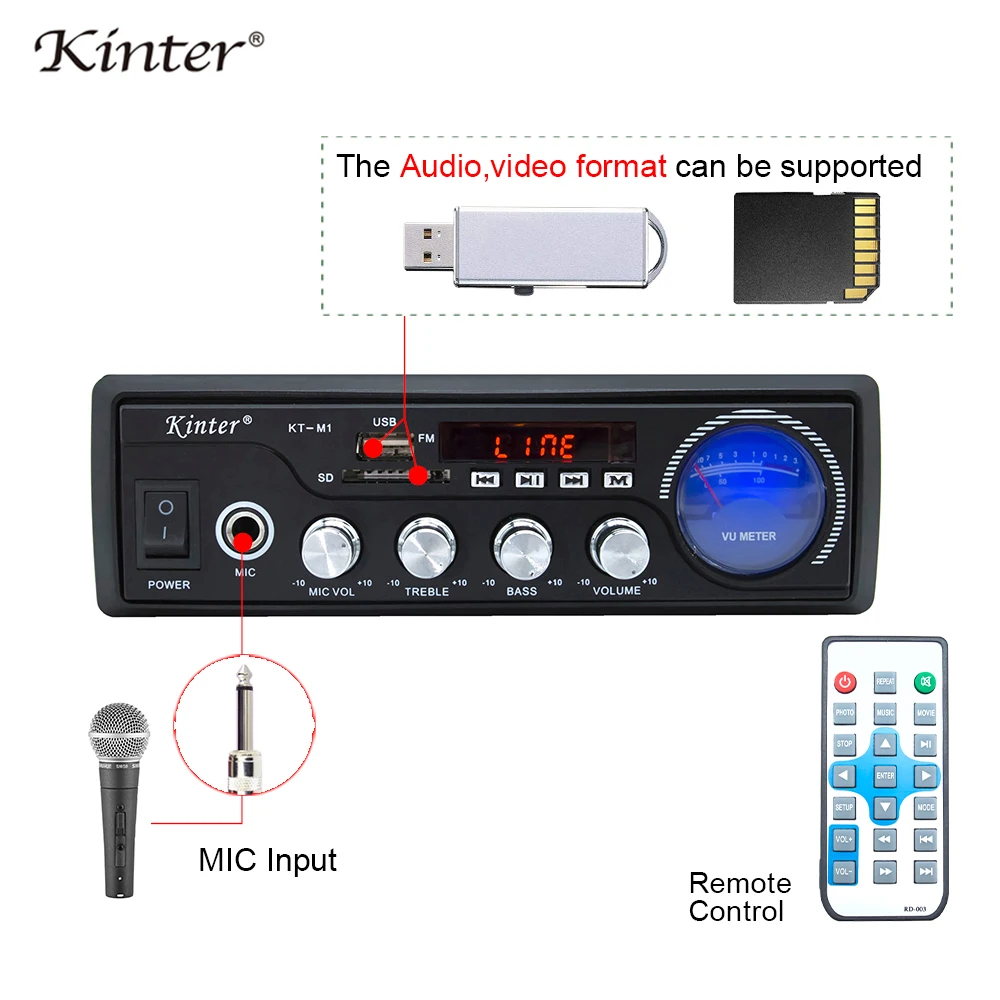 Kinter M1 Audio amplifier 2.0CH with USB SD FM MIC 3.5mm input can play MP3 MP4 MP5 supply power 220-240V metal enclosure Kinter M1 Audio amplifier 2.0CH with USB SD FM MIC 3.5mm input can play MP3 MP4 MP5 supply power 220-240V metal enclosure