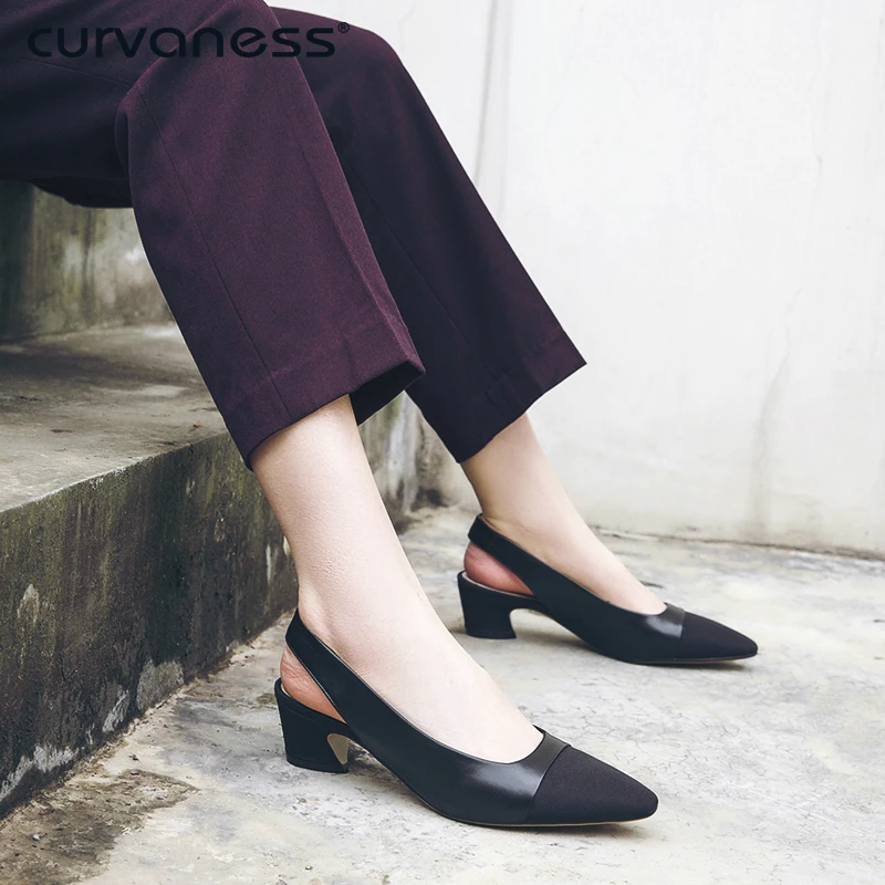 

Curvaness Women Sandals Summer New Stitching Fashion High Heels Shoes Back Casual Pointed Toe Genuine Leather Pumps Lady Summer