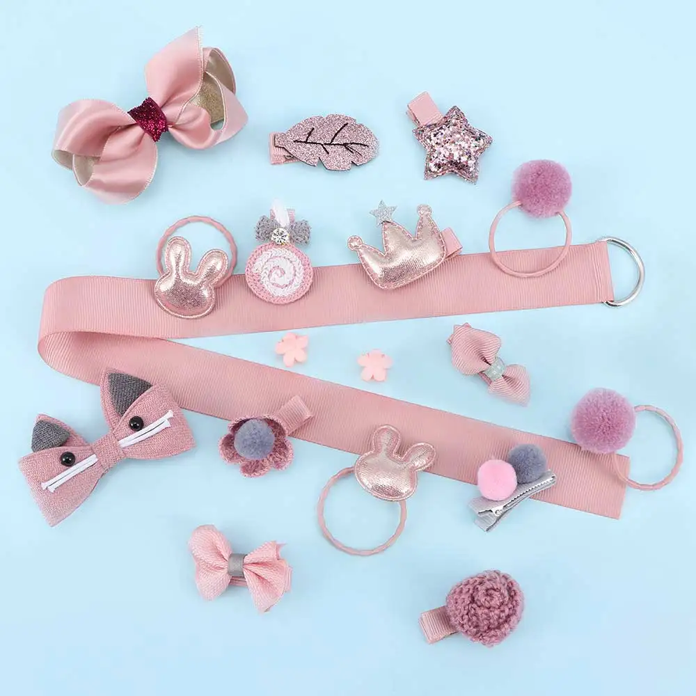18 Pcs/ Pack Pink And Grey Color Lovely Kids Hair Accessories Bows Kits