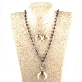 

Bohemian Tribal Jewelry 6mm Map Stone Rosary Chain White Crystal link Beige Ox Horn Pendant Necklace set
