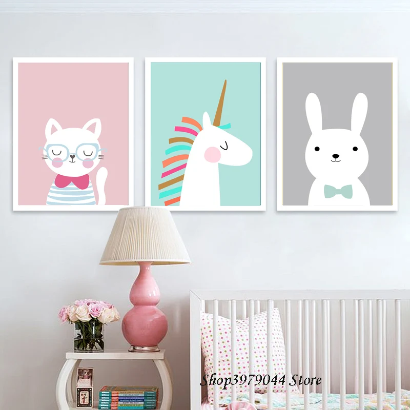 

Cartoon Rabbit Poster Animal Canvas Painting Cute Cat Art Print Wall Picture Nordic Baby Room Unicorn Decoration Home Unframed