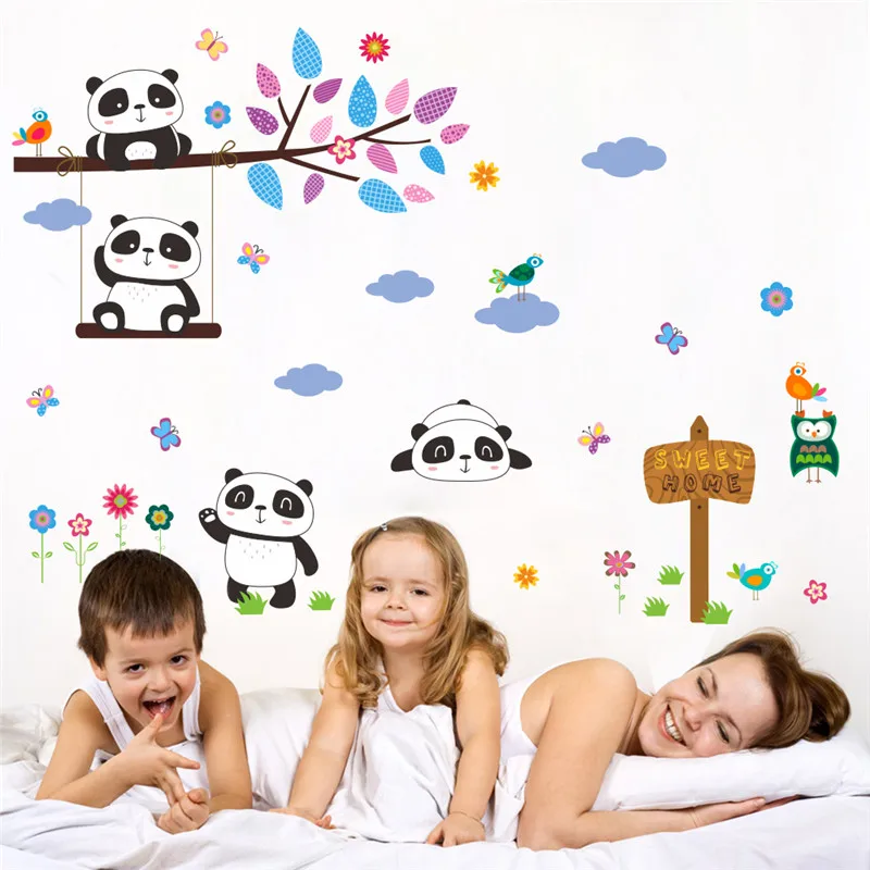 

Forest Panda on the branch Birds tree flower Wall Stickers For Kids room baby Nursery Room decor animals Wall decals mural art