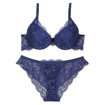 

Hot Sexy Bra Set Deep V Brassiere Thick Cotton Women Underwear Set Lace Blue Embroidery Flowers Lingerie