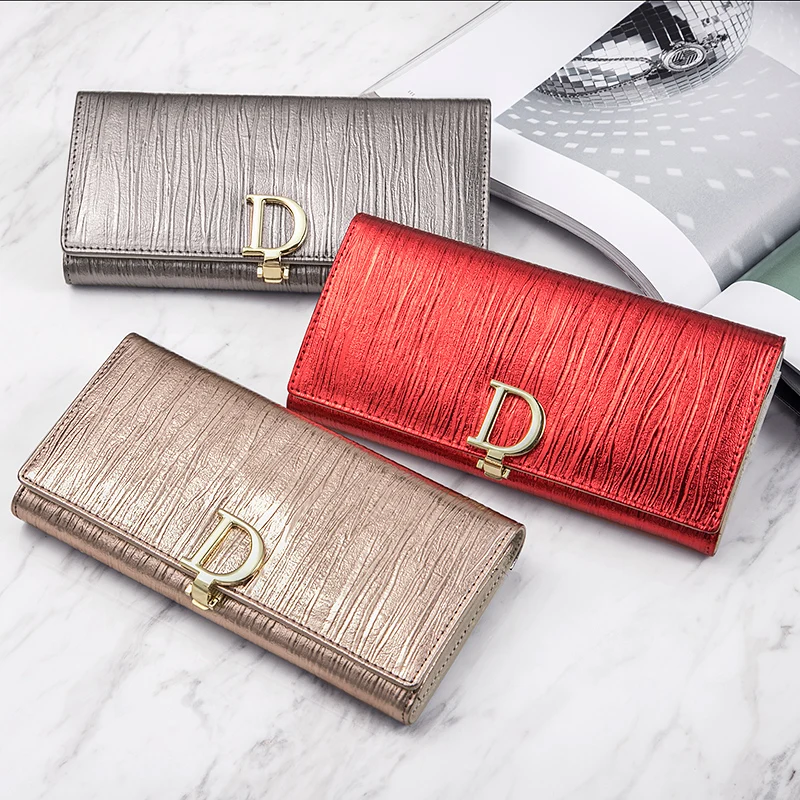 

Elegant Fashion Genuine Leather Women Wallets Long Women 3 Fold Coin Purse Fashion Female Clutch With Card Holder Large Capacity
