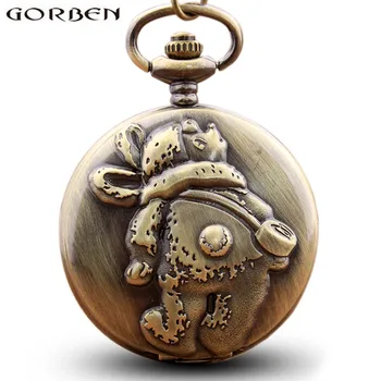 

Vintage Cute Bear With School Bag Bronze Quartz Pocket Watch With Chain Necklace Pendants Gifts For Children Women Men