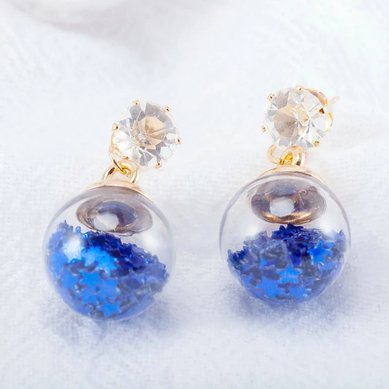 Серьги гвоздики с пентаграммой стеклянный шар Круглые милые корейские Стильные